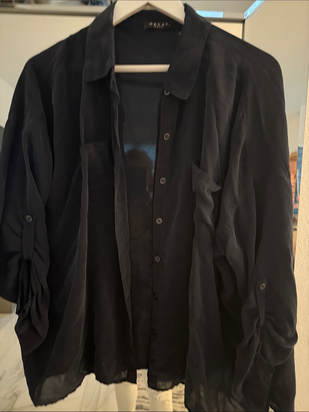 Maven West Navy Silky Button-Down Blouse with Rolled Tab Sleeves